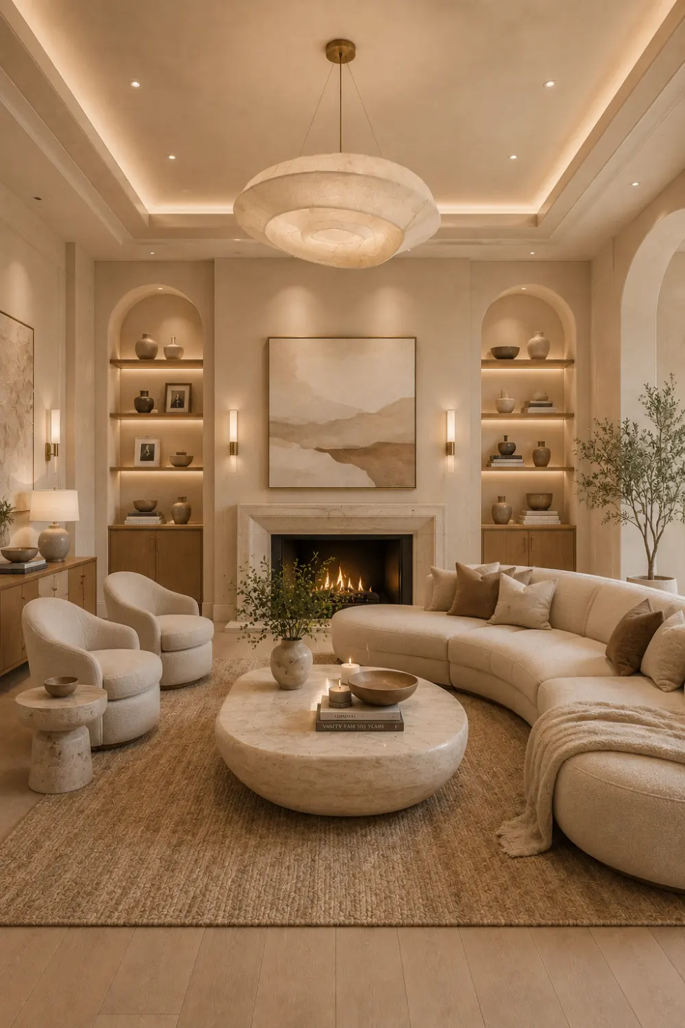 Sandstone Cream living room with curved sectional sofa, organic decor, stone coffee table, neutral walls, warm lighting, natural textures, and modern luxury interior design.