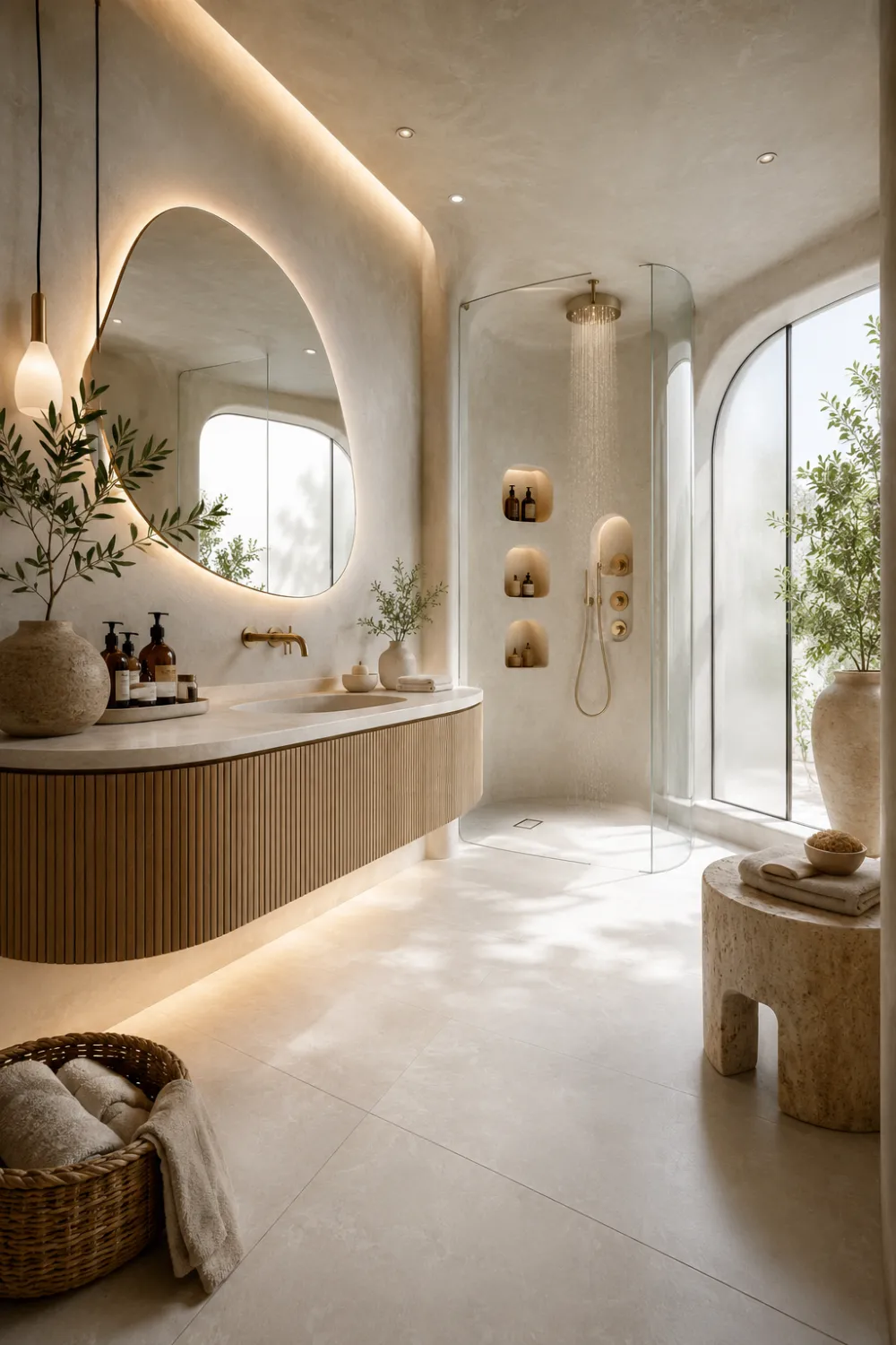 Contemporary minimalist spa bathroom featuring smooth microcement walls, floating curved oak vanity, oversized organic backlit mirror, curved frameless glass shower, brushed brass rainfall showerhead, recessed illuminated wall niches, natural stone accessories, indoor plants, soft LED lighting, and elegant modern bathroom décor.