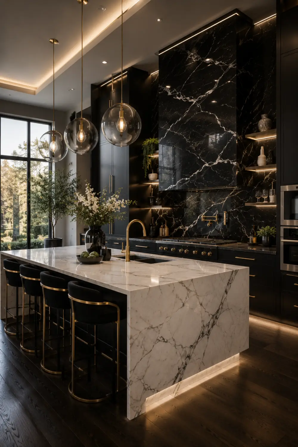 Luxury black marble kitchen backsplash with dramatic white veining, matte black cabinets, white marble waterfall island, brushed brass hardware, designer pendant lighting, premium appliances, and elegant architectural details. This sophisticated contemporary kitchen combines bold contrast with timeless materials to create a stunning high end interior.