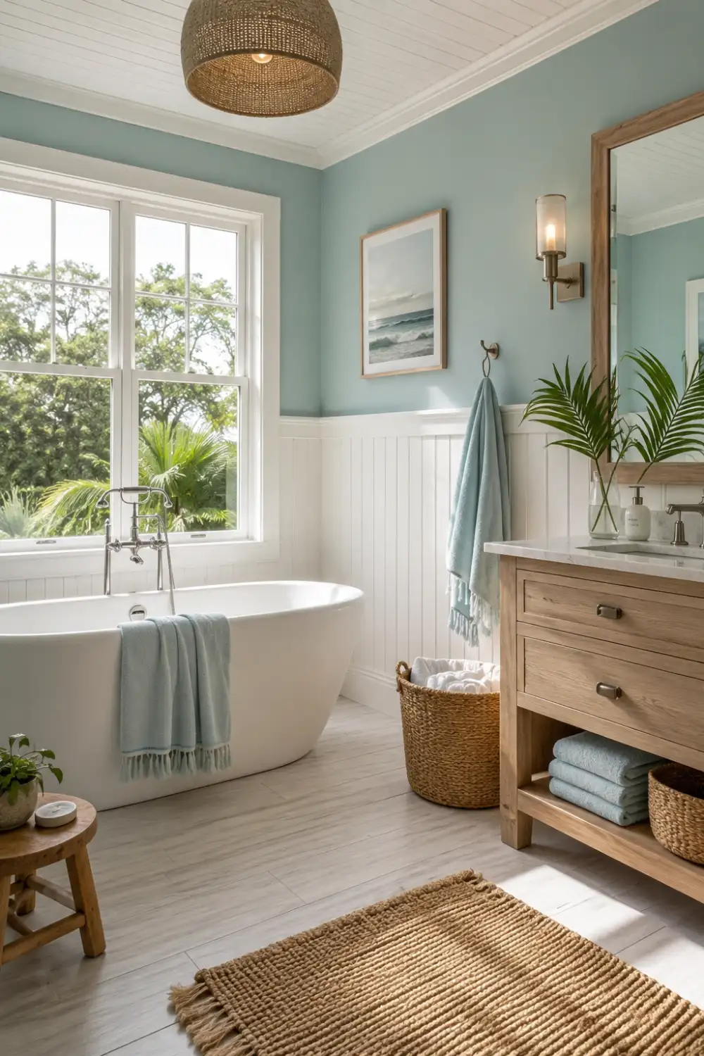 White beadboard wainscoting in a coastal bathroom featuring a freestanding tub, soft blue walls, natural wood vanity, woven baskets, large windows, and bright coastal-inspired interior design.
