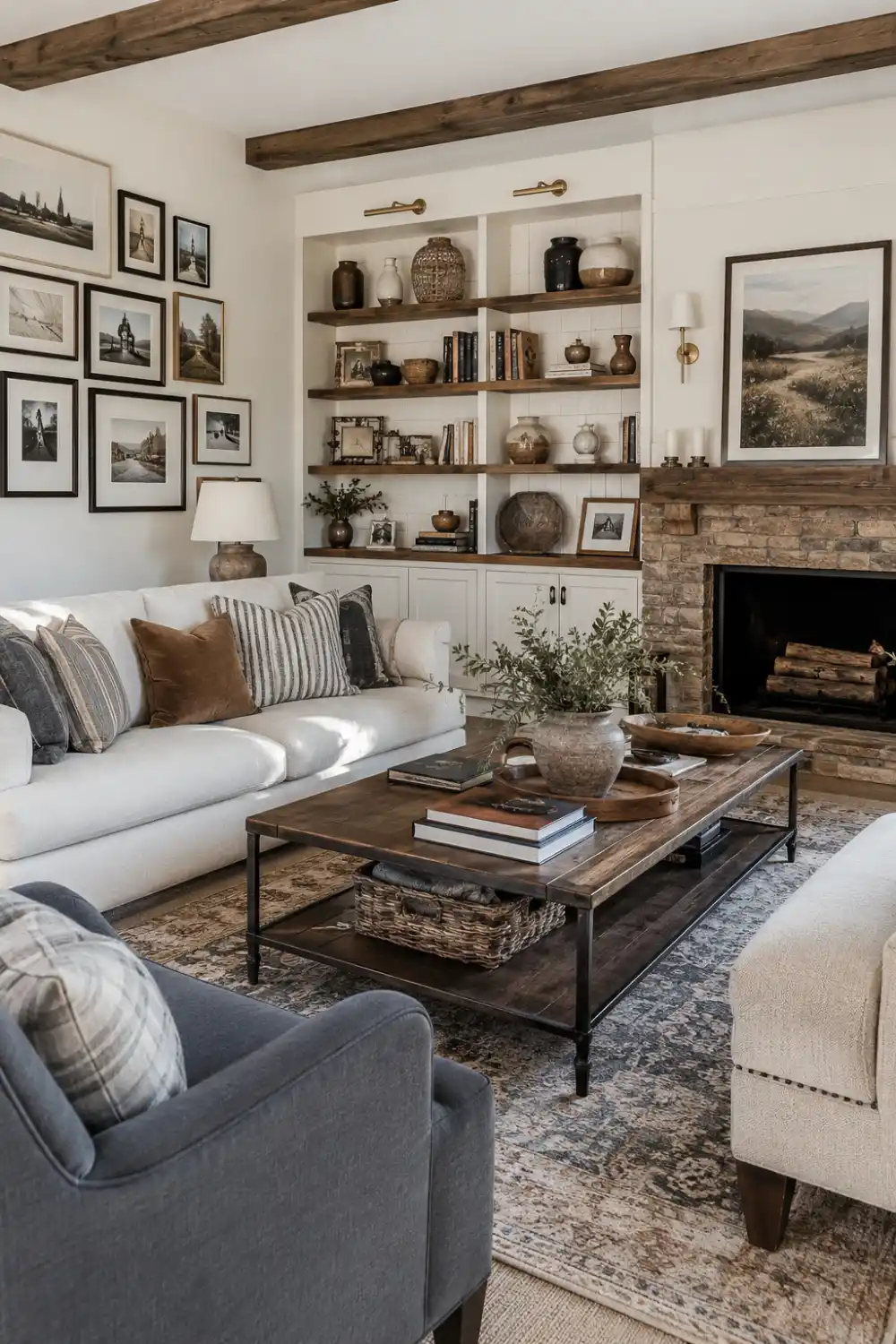 Organized living room featuring built-in shelving, framed artwork, neutral furniture, decorative accessories, fireplace, layered textures, and clutter-free home decor designed for comfort and style.