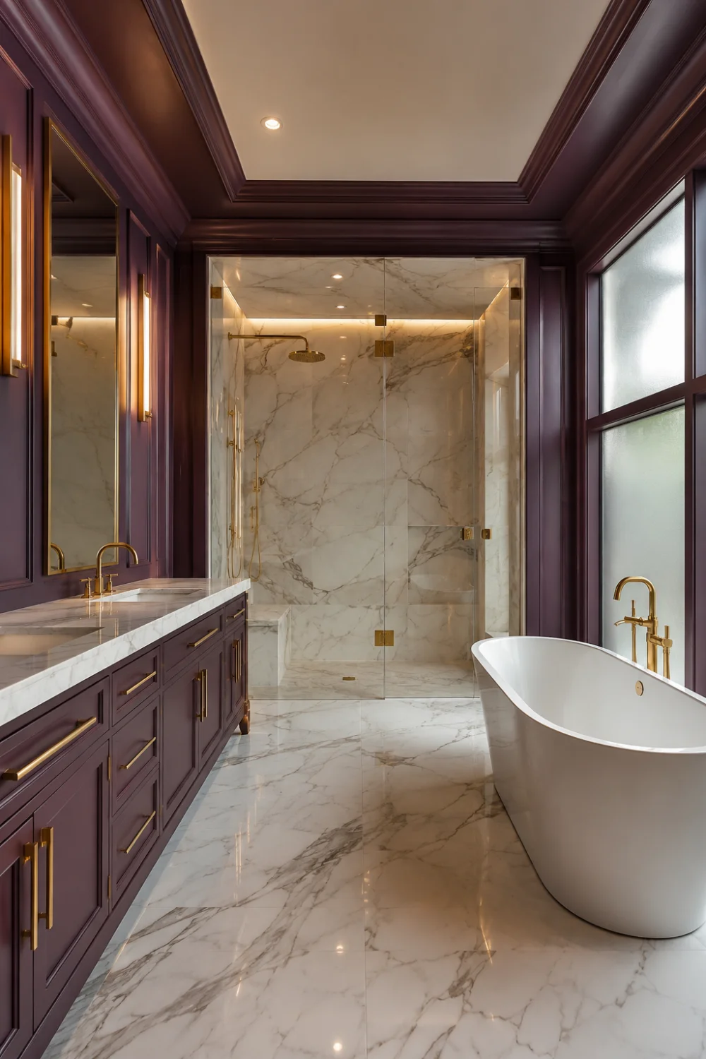Luxury bathroom with plum cabinetry, white marble floors and walls, gold fixtures, freestanding bathtub, walk-in shower, and sophisticated purple bathroom design inspiration.