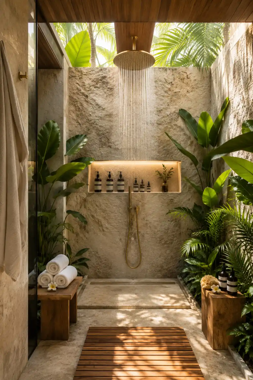 Tropical resort-inspired shower with natural stone walls, lush greenery, rainfall showerhead, wood accents, and luxury outdoor spa atmosphere.