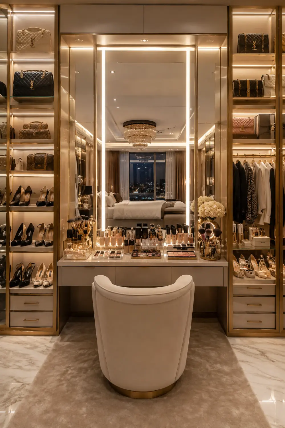 Walk-in closet dressing table with illuminated mirror, luxury handbag displays, designer shoes, beauty products, jewelry storage, upholstered chair, and glamorous celebrity-style dressing room