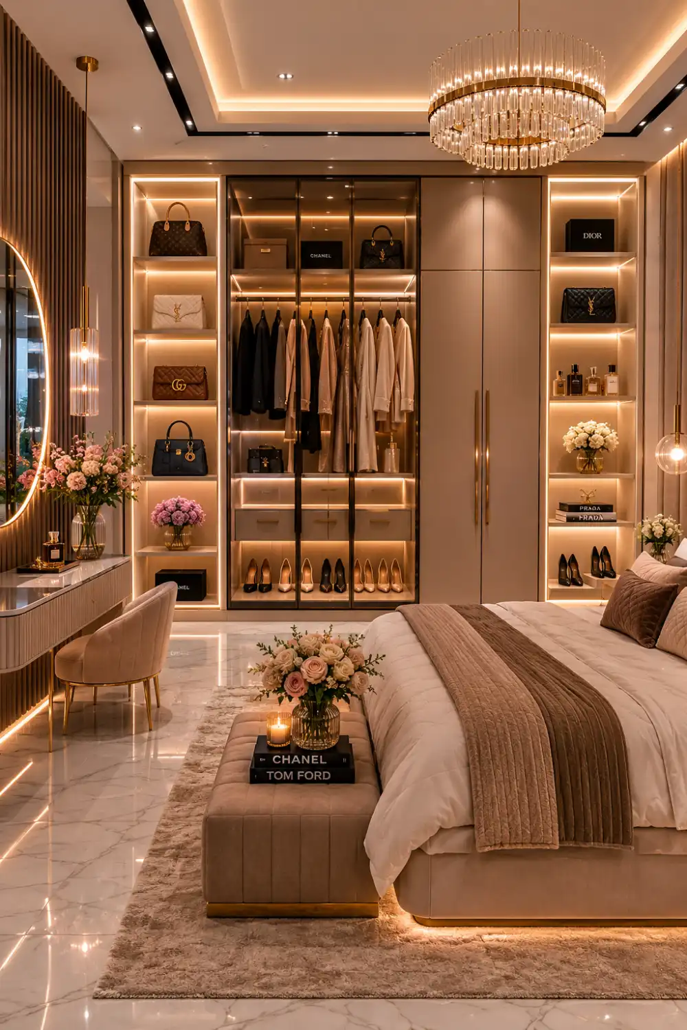 Luxury wardrobe with built-in illuminated display shelves, glass storage sections, designer handbags, gold accents, and elegant bedroom décor.