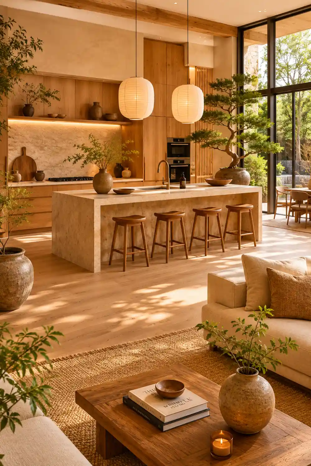Japandi open kitchen with natural wood cabinetry, stone island, paper lantern pendant lights, indoor greenery, neutral color palette, handcrafted decor, floor-to-ceiling windows, and a peaceful Scandinavian Japanese-inspired design.