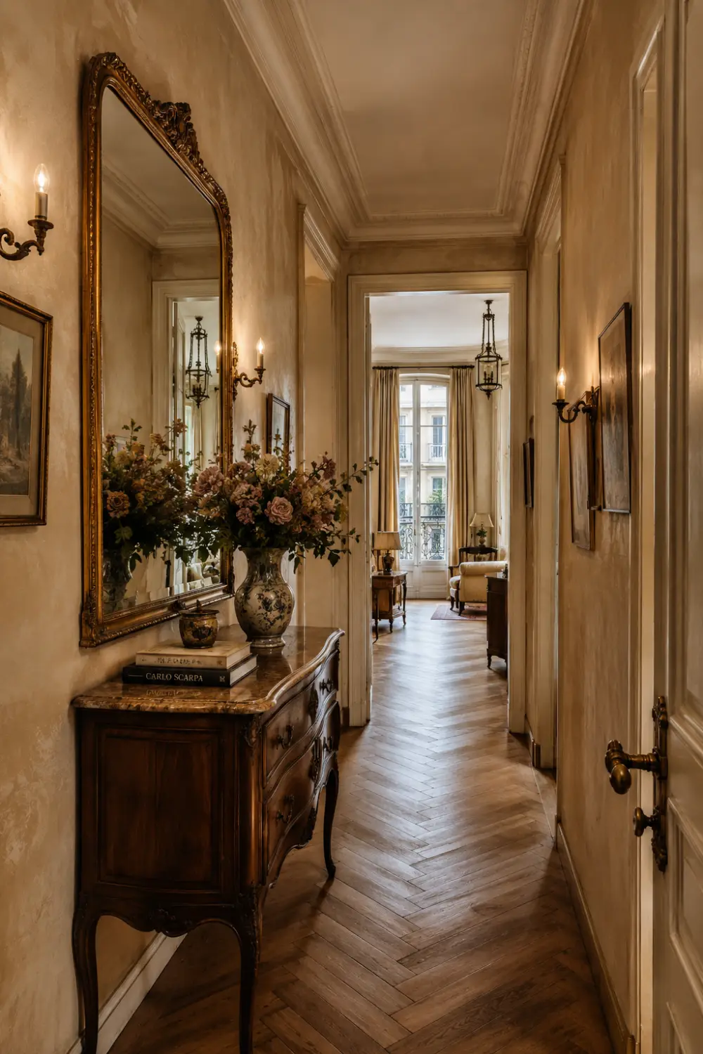 European-inspired vintage hallway with ornate gold mirror, antique wooden console cabinet, floral arrangement, herringbone wood flooring, decorative wall sconces, elegant moldings, and timeless old-world charm.