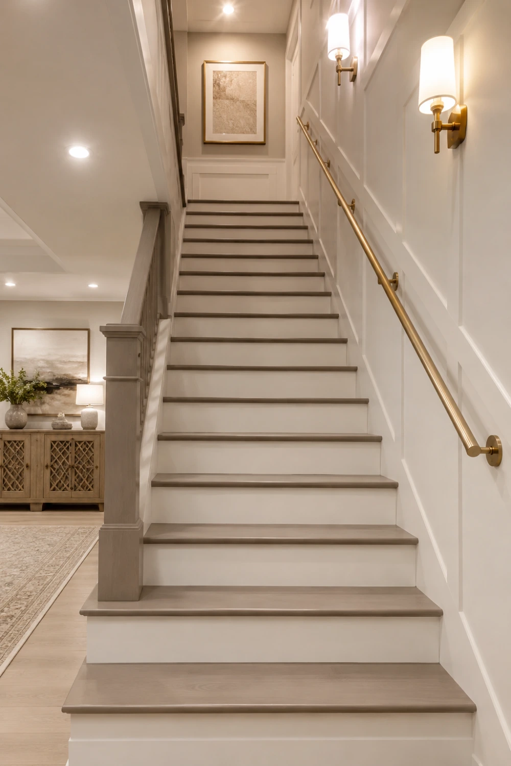 Elegant basement staircase with decorative wall paneling, brass handrail, wall sconces, white wainscoting, and luxury traditional design