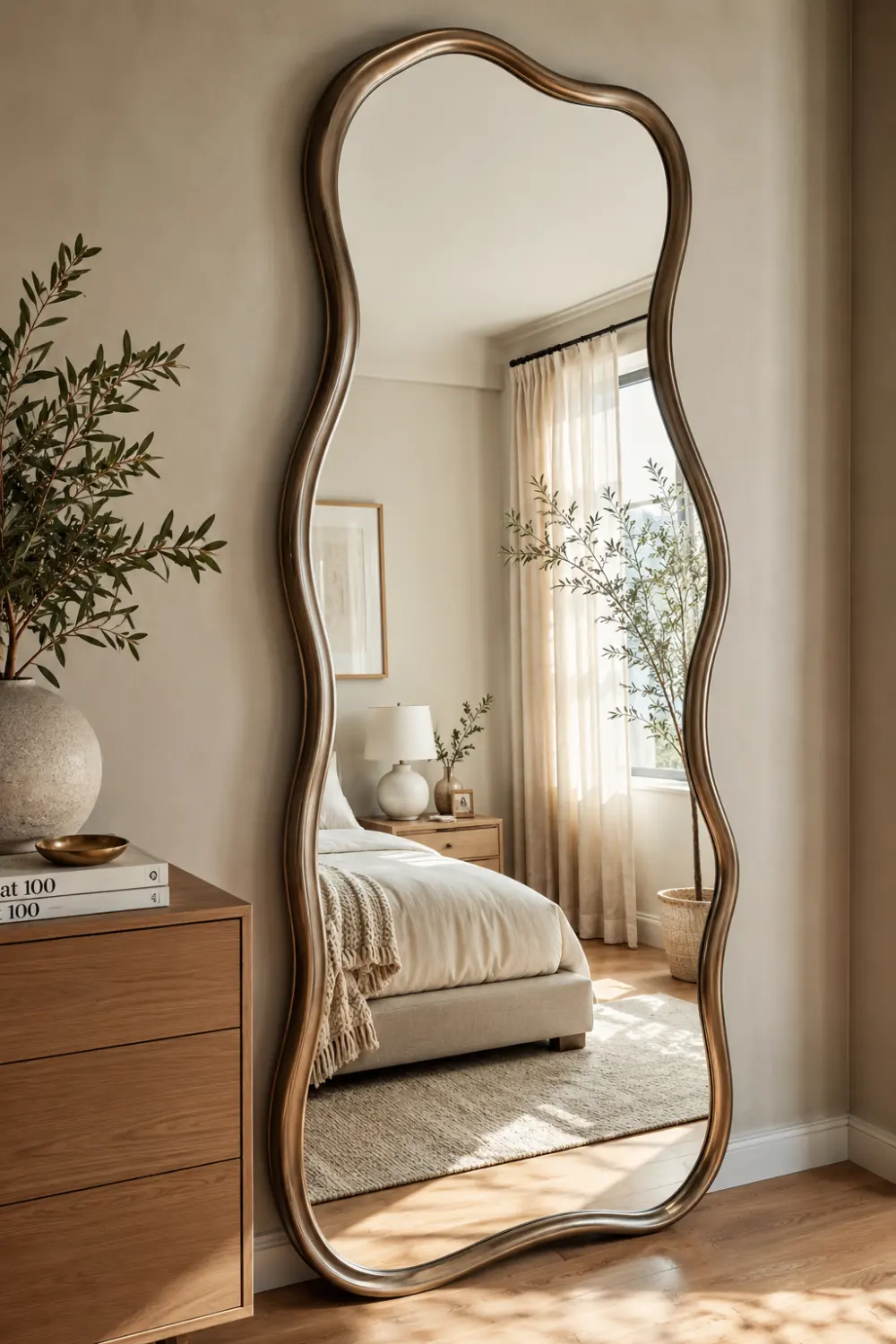 Large full-length wavy mirror with a sculptural frame standing in a bright neutral bedroom. Soft sunlight, natural wood furniture, and organic decor accents highlight one of the most popular statement mirror trends of 2026.