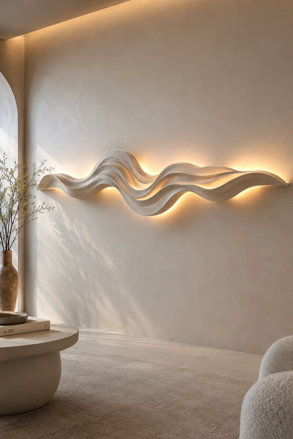 Organic wave wall fixture featuring flowing sculptural curves with integrated warm LED lighting, mounted on a luxury neutral wall and creating an artistic focal point in a contemporary interior.