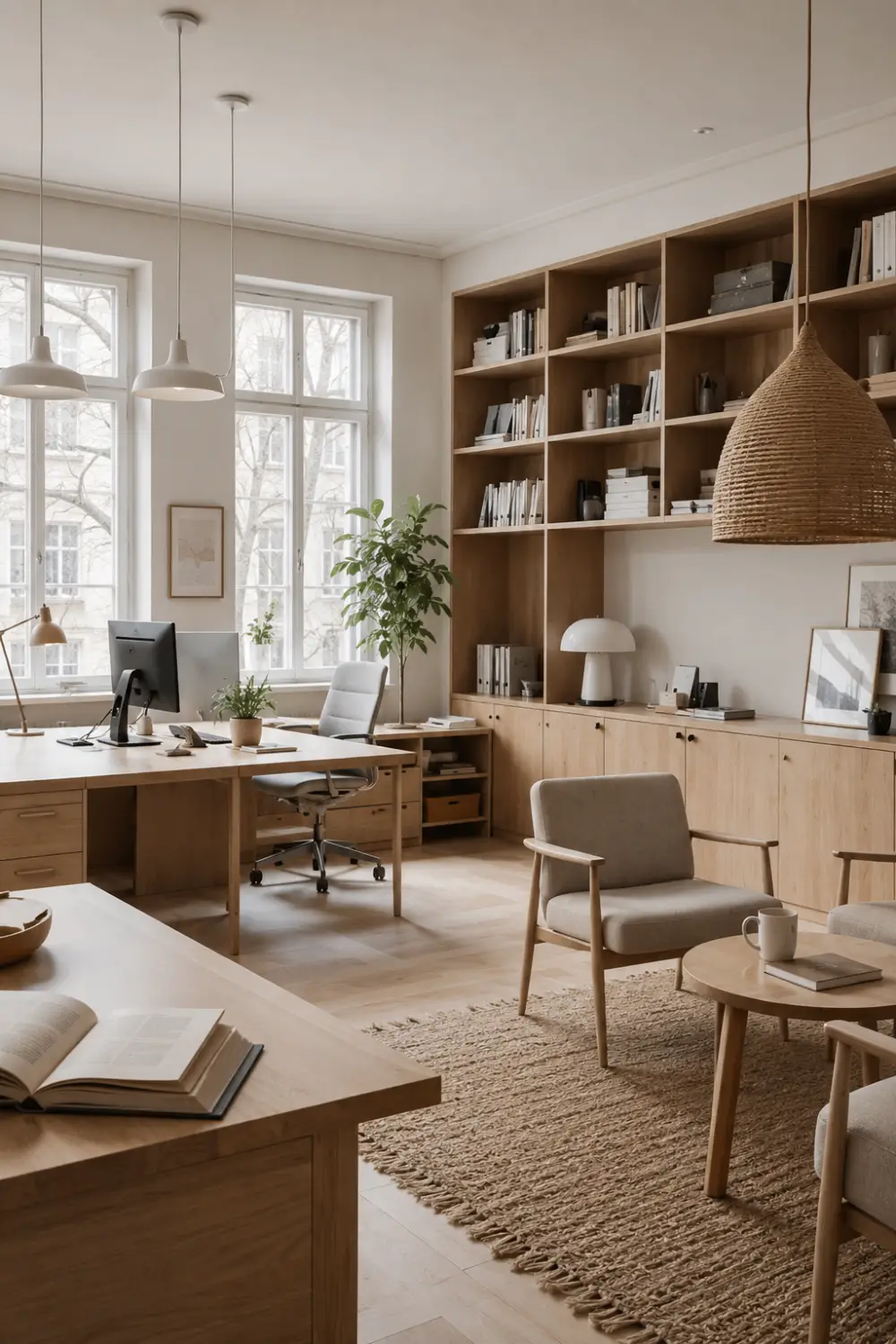 Scandinavian workspace with light wood cabinetry, open shelving, soft neutral décor, woven textures, large windows, comfortable seating, and a bright minimalist office designed for productivity and comfort.