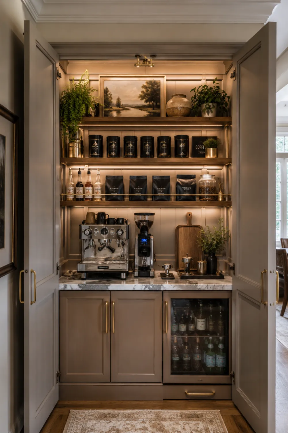 Closet coffee bar with custom shelves, integrated lighting, espresso machine, coffee beans, syrups, mugs, beverage fridge, decorative accessories, and organized storage hidden neatly behind cabinet doors.