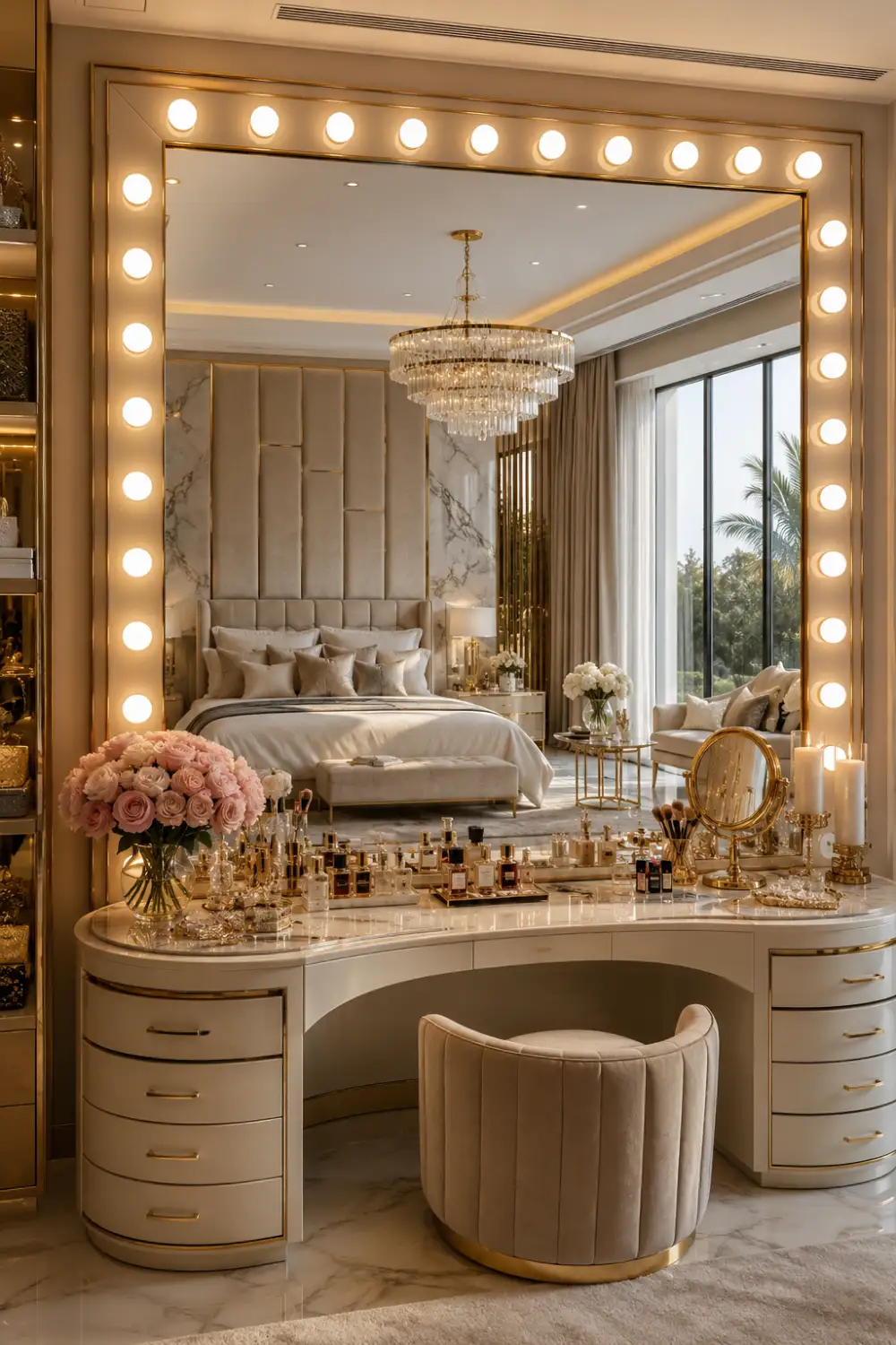 Hollywood glam vanity mirror surrounded by bright bulbs with luxury makeup station, marble surfaces, pink roses, gold accents, elegant decor, and modern bedroom styling