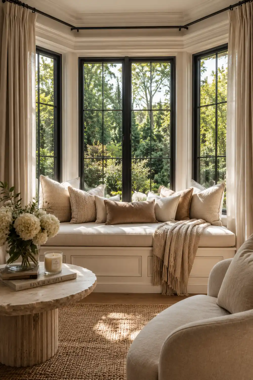 Elegant bay window seat with layered neutral pillows, flowing curtains, fresh flowers, cozy throw blanket, and abundant natural sunlight. Luxury bay window design creating a bright, stylish, and comfortable home retreat.