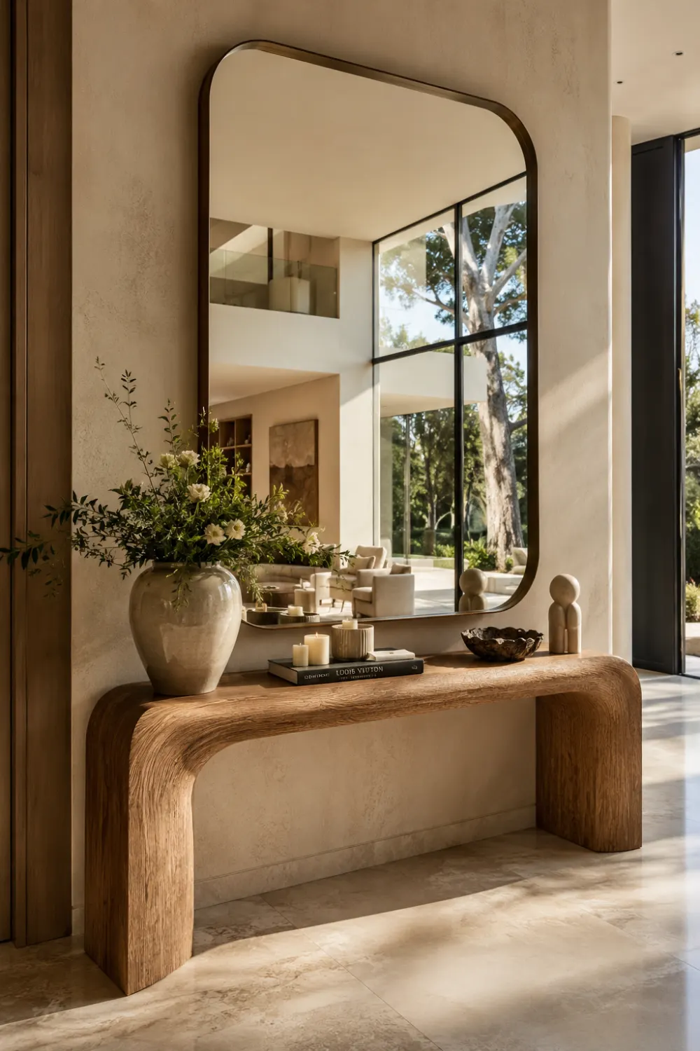 Curved waterfall wood console table with large statement mirror, fresh greenery, decorative candles, designer books, and organic modern decor in a bright luxury entryway.