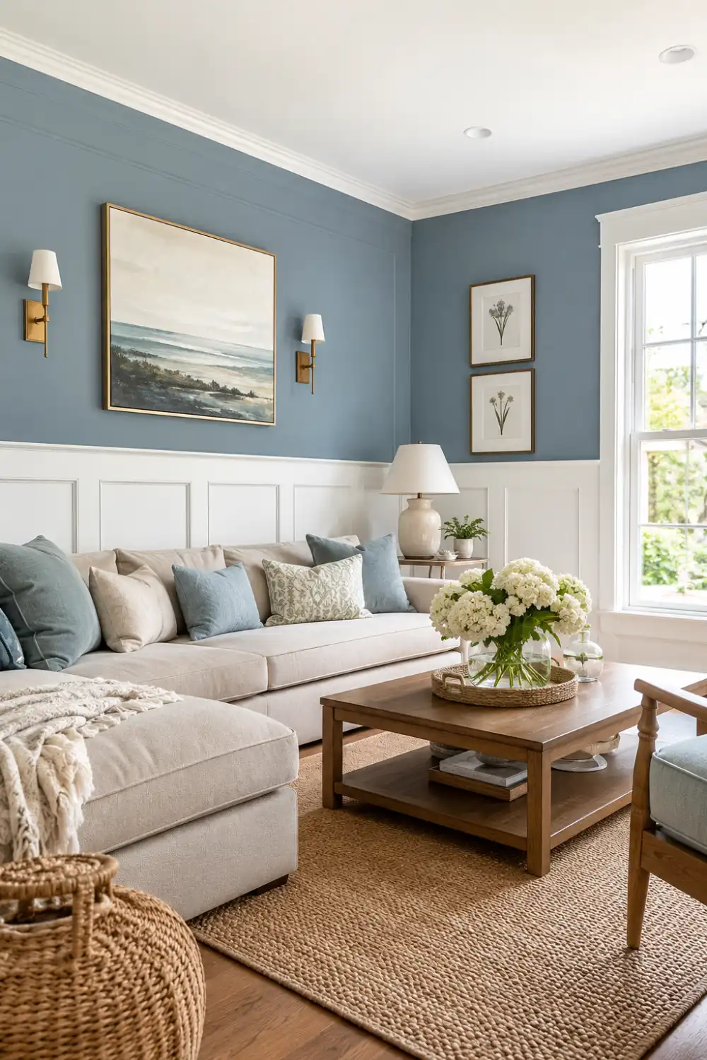Two-tone wainscoting in a bright living room featuring white wall panels, soft blue upper walls, neutral furnishings, natural light, decorative artwork, and elegant coastal-inspired interior styling.