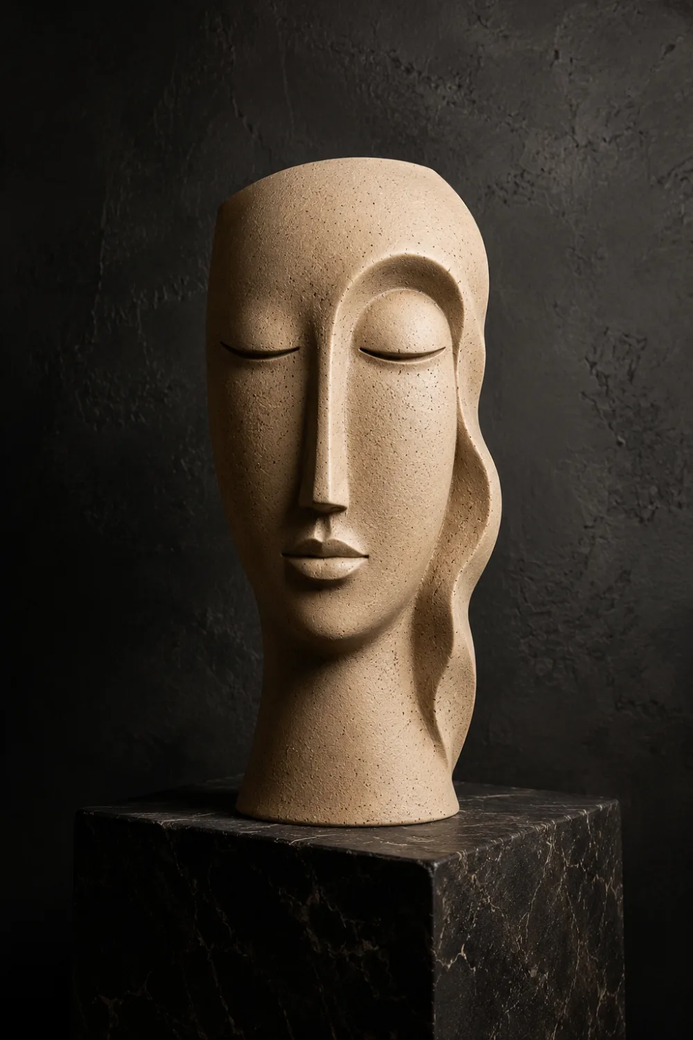 Modern abstract face clay sculpture displayed on a dark stone pedestal. Artistic handmade pottery decor for contemporary interiors, luxury home styling, minimalist decor, and statement shelf displays.