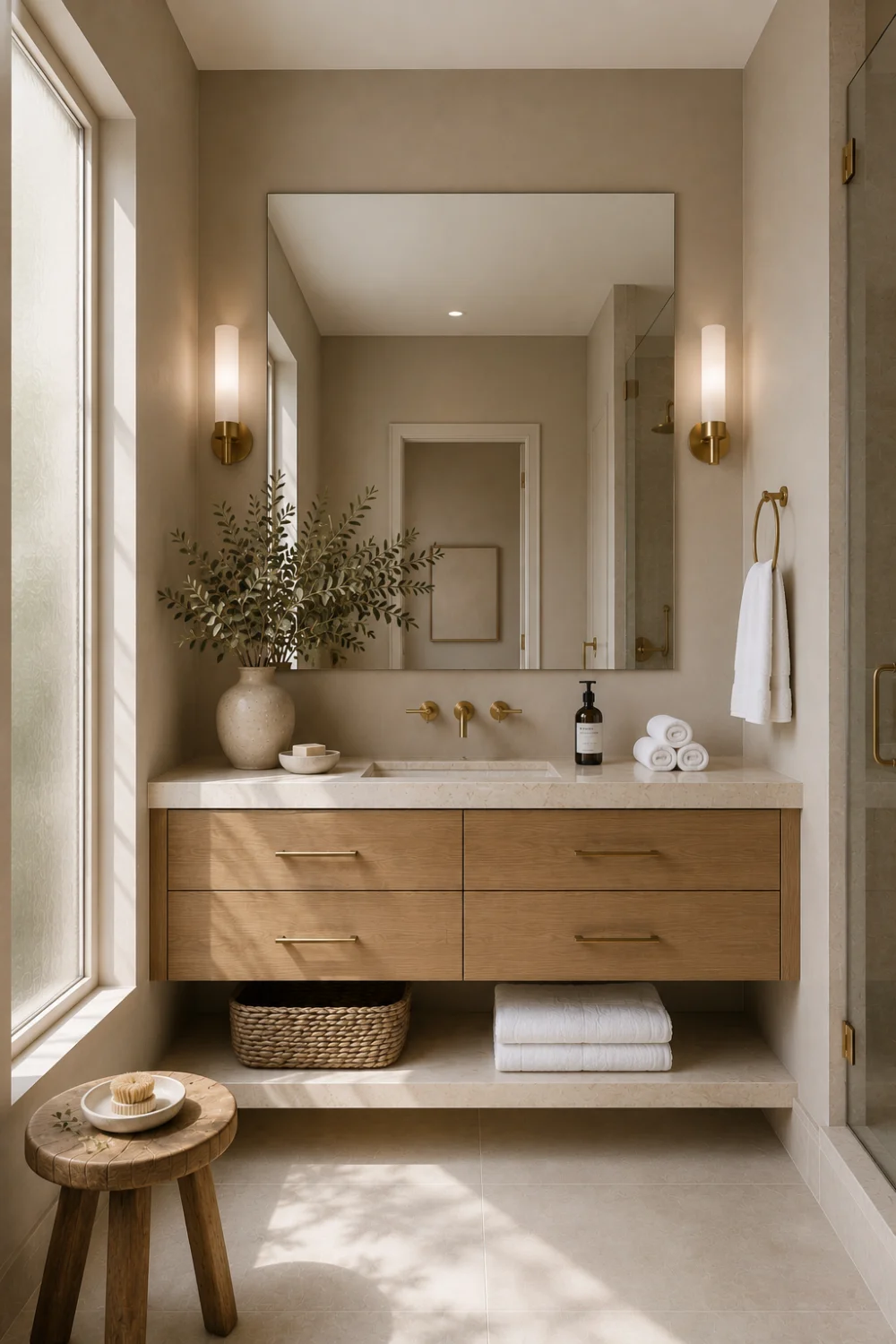 Warm sand beige bathroom paint color with oak vanity, brass fixtures, neutral wall paint, modern bathroom styling, and luxury home decor
