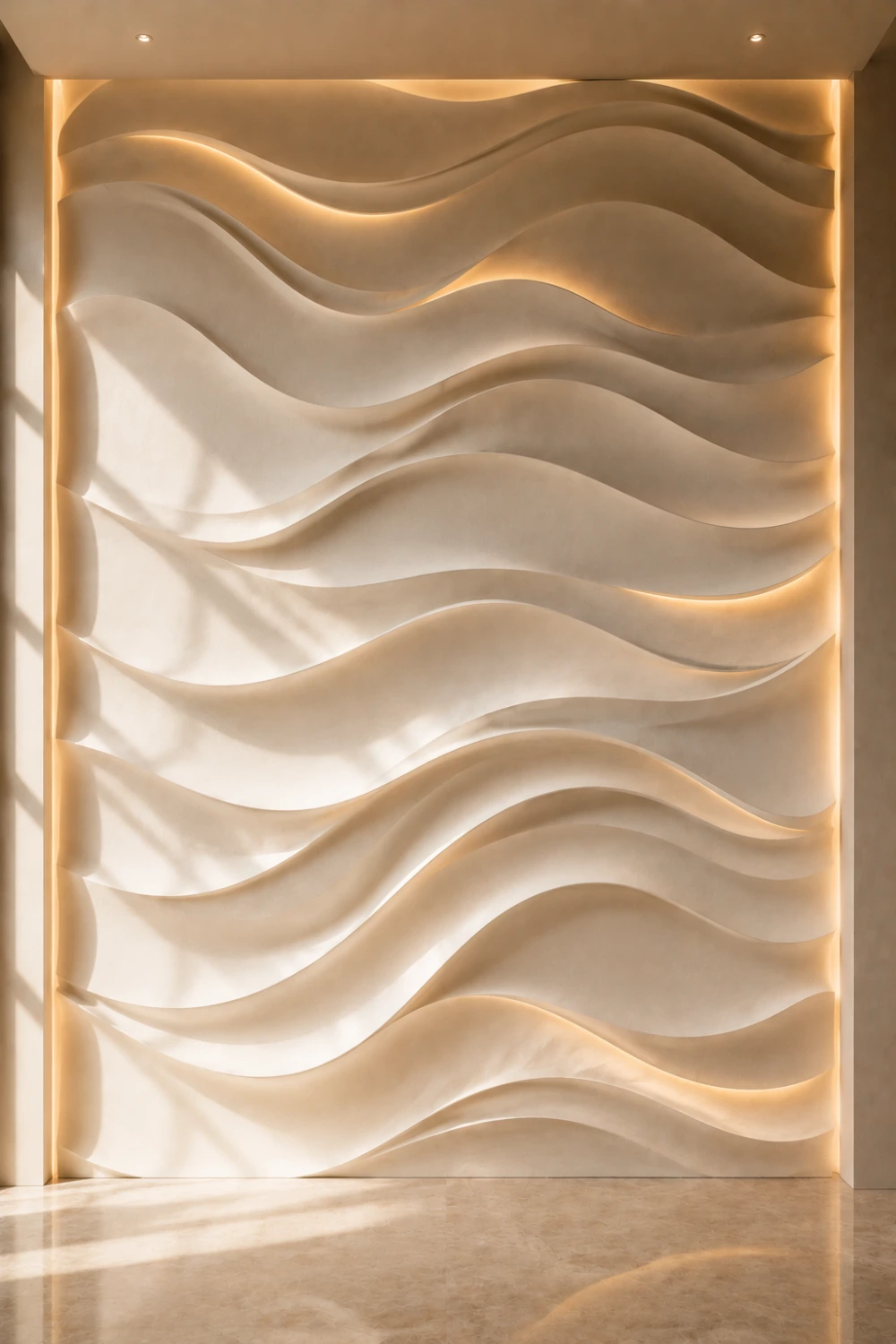 Luxury sculptural wave accent wall featuring flowing three dimensional curves, integrated warm lighting, artistic architectural wall design, modern feature wall inspiration for elegant contemporary homes.