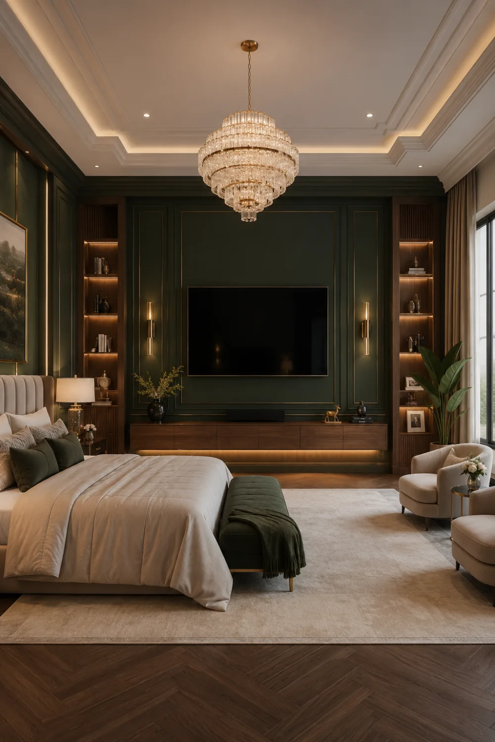 Dark forest green bedroom TV wall featuring decorative wall panels, walnut media console, built in shelving, luxury bedroom decor, modern TV wall design, elegant lighting, and designer interior inspiration.