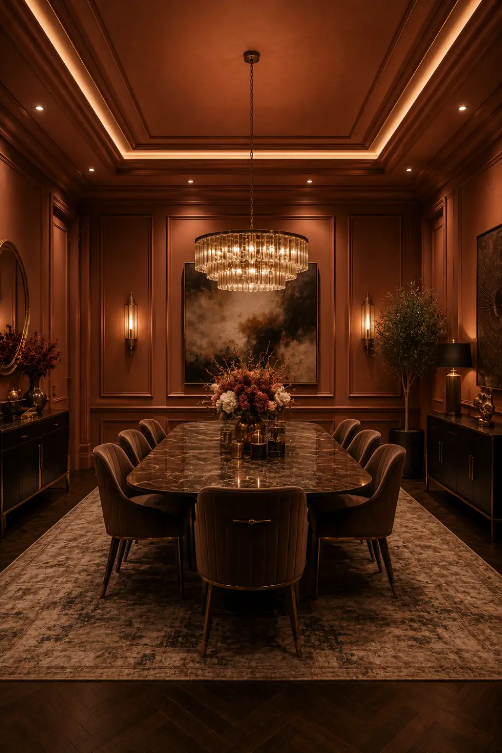 Burnished Copper dining room with warm copper walls, marble dining table, velvet chairs, crystal chandelier, luxury decor, ambient lighting, and sophisticated dining room design.