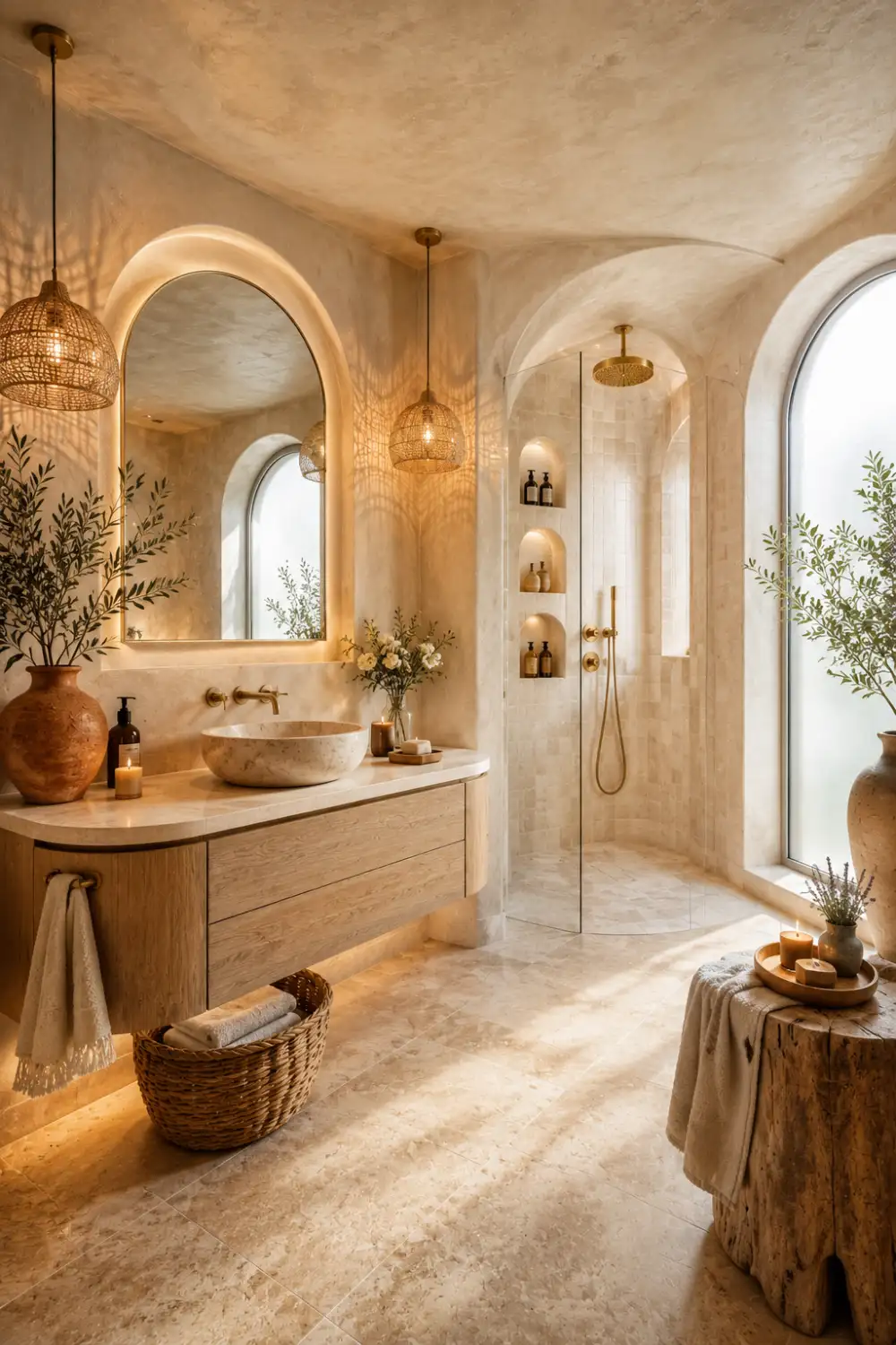 Mediterranean inspired luxury bathroom featuring soft limestone walls, elegant architectural arches, floating oak vanity with a natural stone vessel sink, arched mirror, brushed brass fixtures, walk in shower, woven pendant lights, decorative pottery, fresh greenery, and warm resort inspired bathroom décor.
