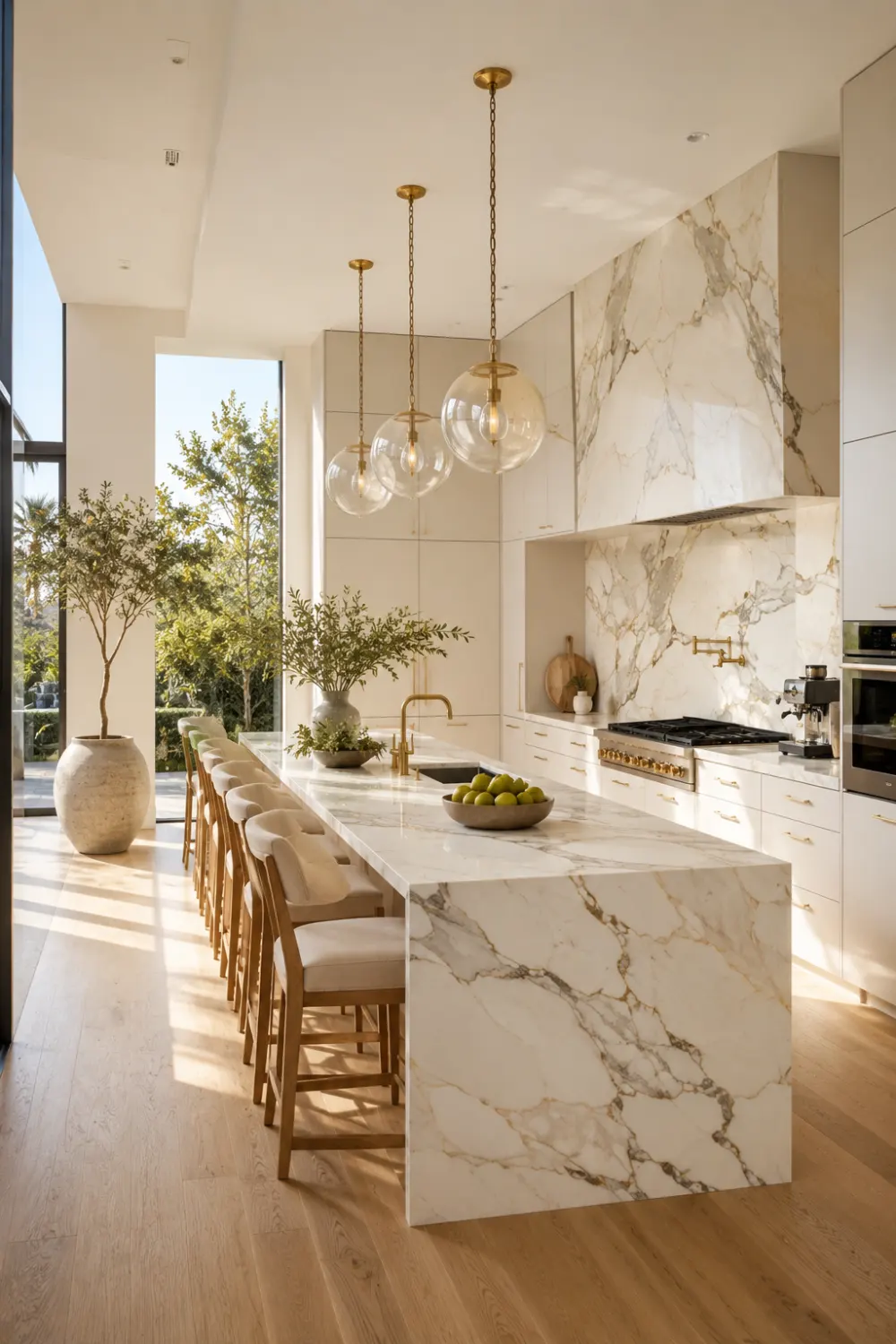 Seamless quartz slab kitchen backsplash extending from matching quartz countertops with soft marble veining, beige cabinetry, brushed brass fixtures, waterfall island, oversized windows, modern pendant lights, natural wood flooring, and minimalist luxury styling. This bright contemporary kitchen offers a clean, elegant, and easy to maintain design.