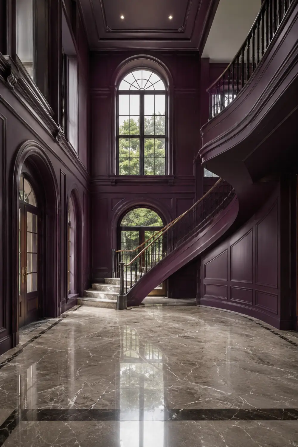 Grand entry hall with deep plum walls, sweeping staircase, polished marble flooring, oversized arched windows, dramatic architectural details, and luxury mansion-style interior design inspiration.