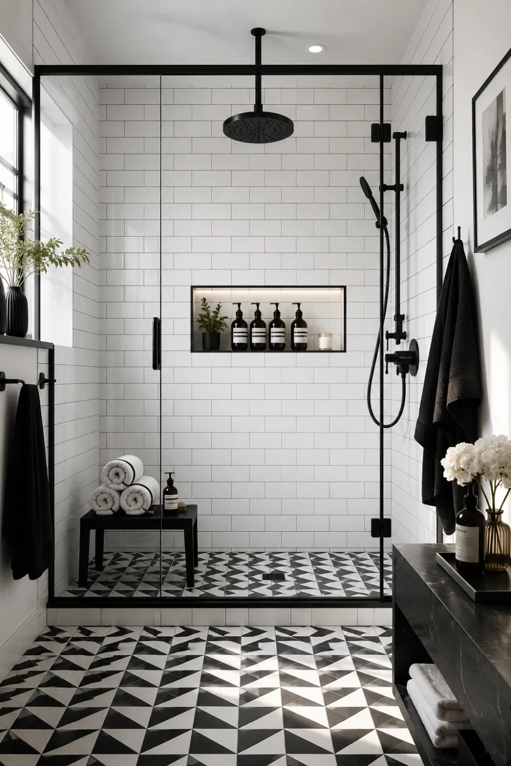 Black and white walk-in shower with subway tiles, black fixtures, geometric flooring, frameless glass enclosure, and modern bathroom decor.