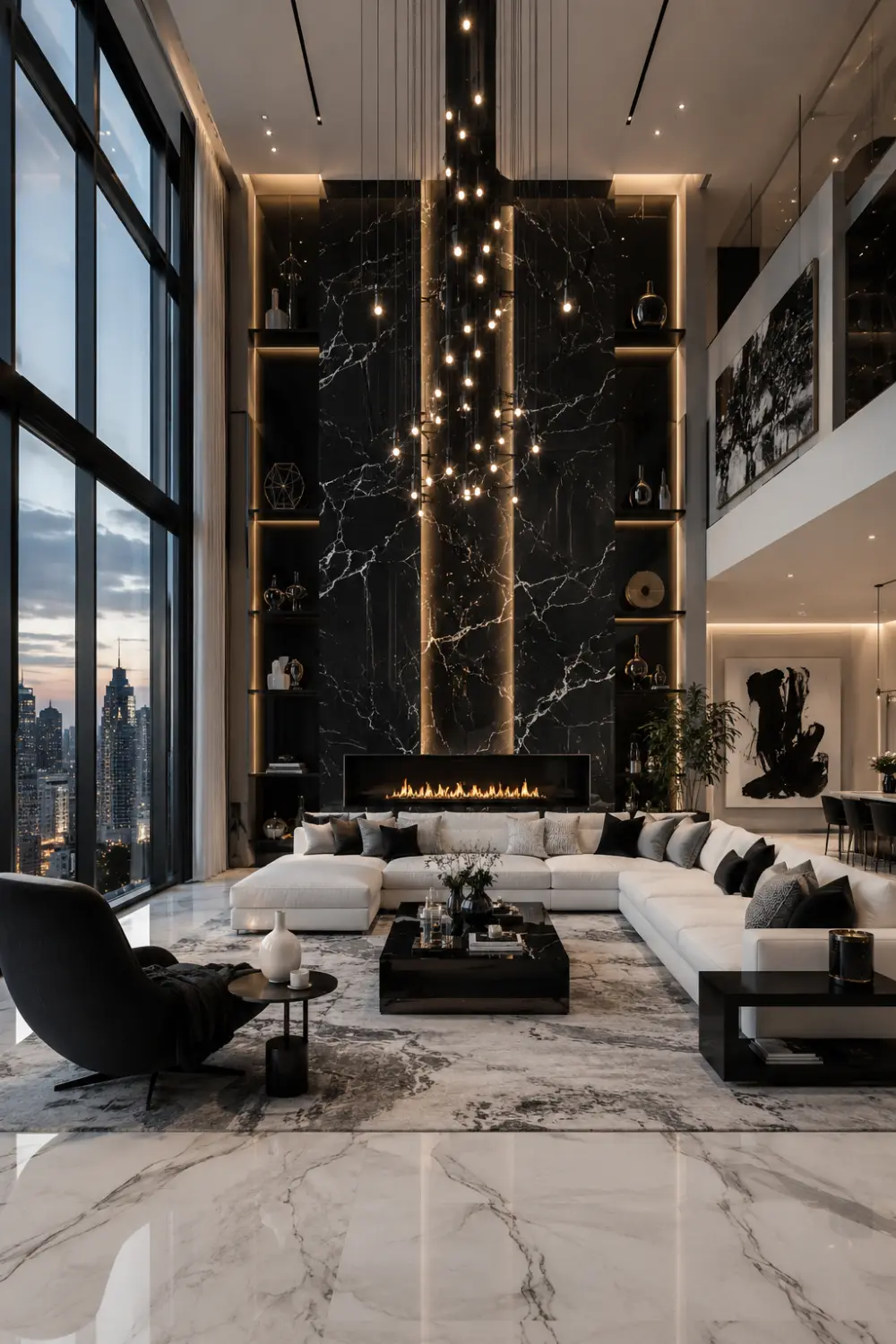 Modern luxury black and white living room with marble feature wall, chandelier, city skyline views, sectional sofa, and upscale decor.