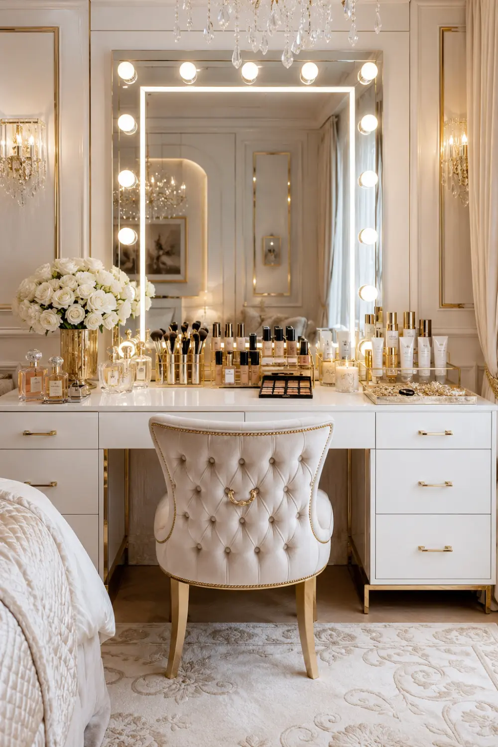 White and gold glam dressing table with Hollywood mirror lights, crystal decor, luxury makeup collection, perfume display, tufted chair, and elegant feminine bedroom styling