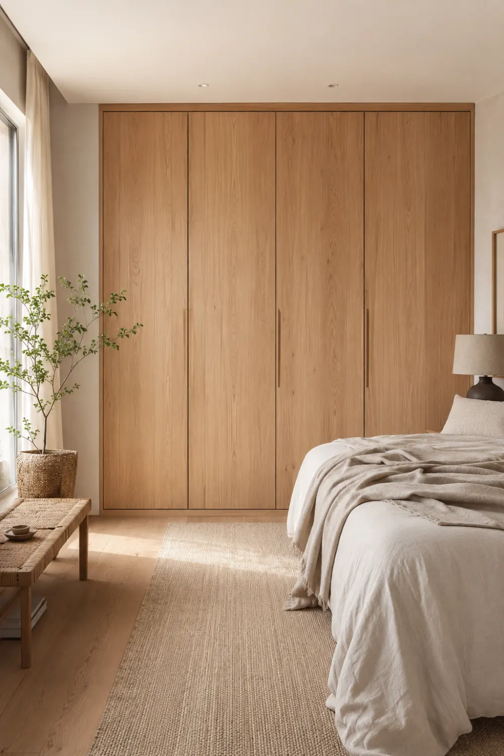 Scandinavian oak wood wardrobe with natural wood grain finish, minimalist doors, bright neutral bedroom décor, and warm modern interior styling.