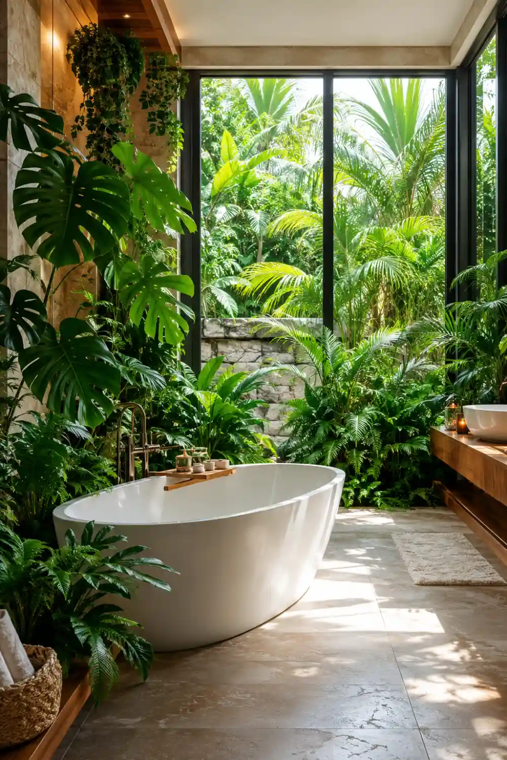 Tropical bathroom retreat featuring a freestanding bathtub surrounded by monstera plants, palms, ferns, lush greenery, and floor-to-ceiling windows