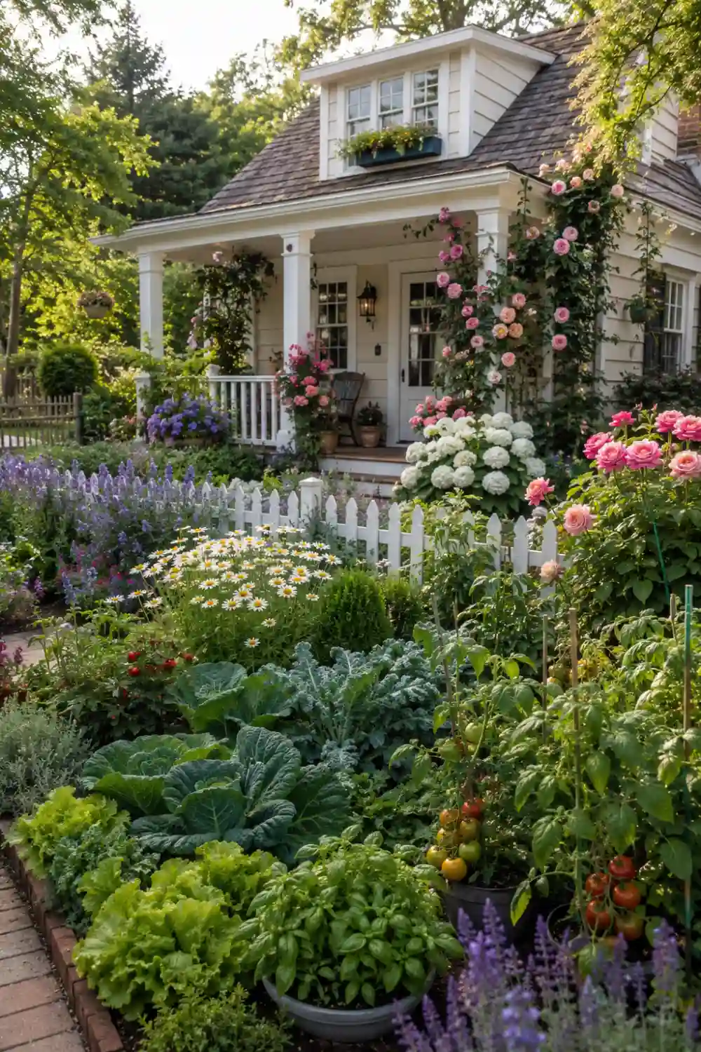 Cottage-style front yard vegetable garden overflowing with tomatoes, cabbage, lettuce, herbs, lavender, daisies, roses, and flowering plants surrounded by a white picket fence and a charming cottage home.