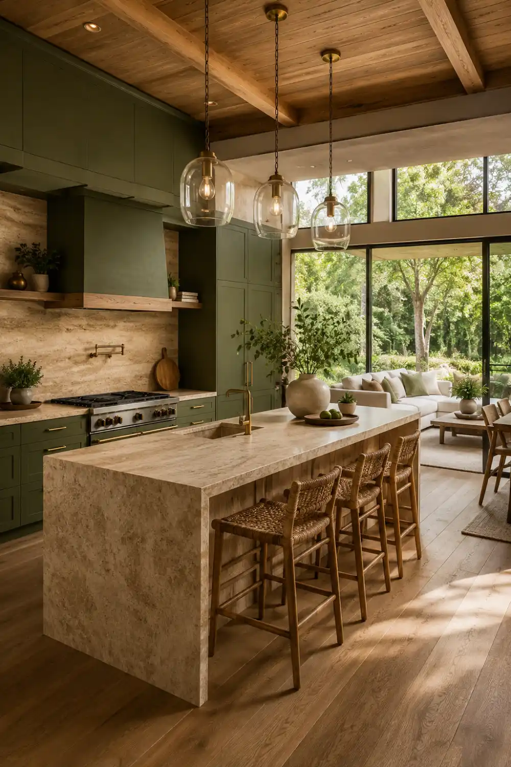 Olive green and natural stone open kitchen featuring custom green cabinetry, stone waterfall island, woven bar stools, brass fixtures, wood ceiling accents, oversized windows, indoor plants, and an elegant organic modern aesthetic.