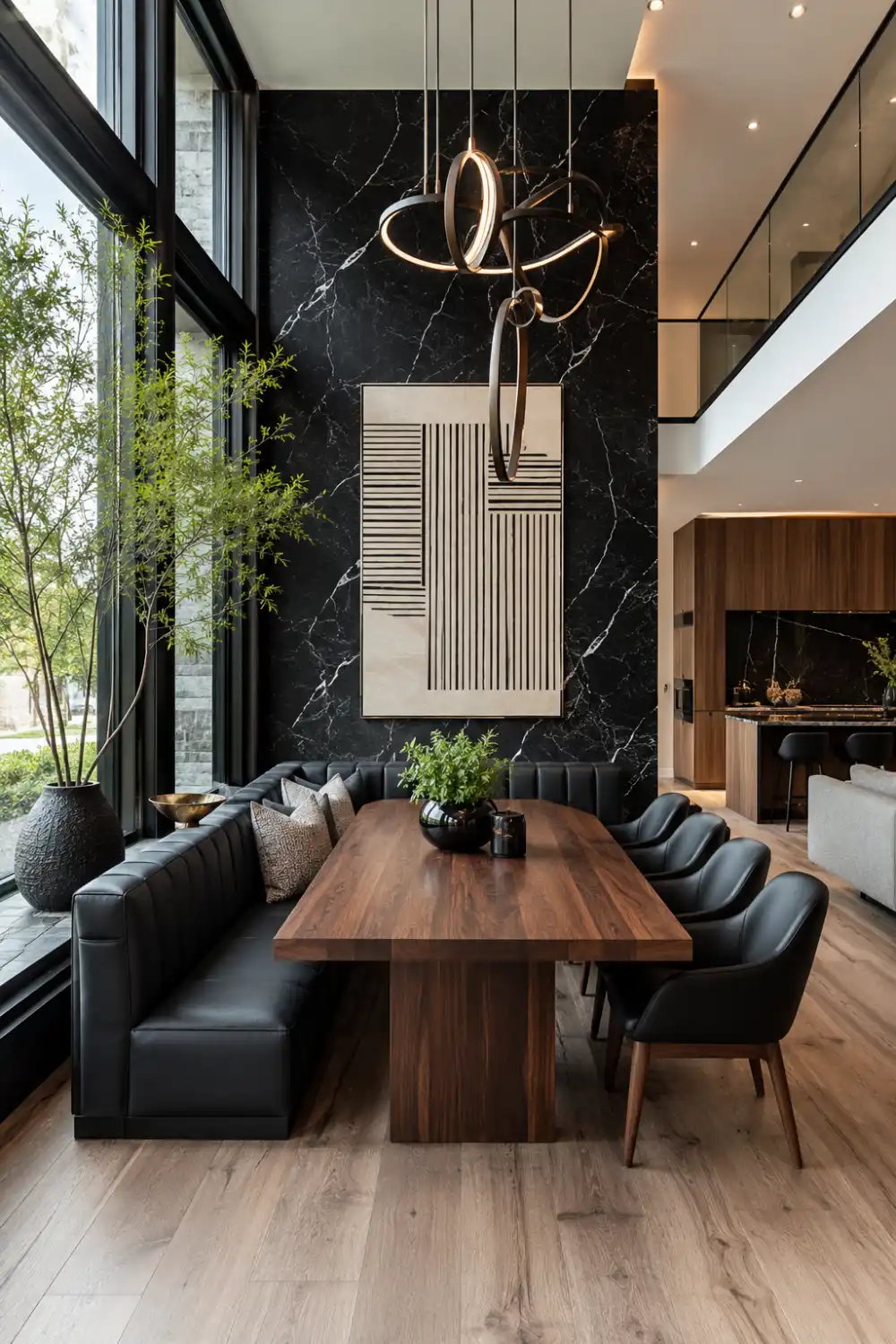 Contemporary black and walnut breakfast nook with black upholstered banquette, solid walnut dining table, dramatic black marble accent wall, sculptural modern chandelier, and luxury open-plan interior.