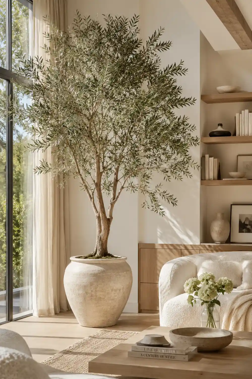 Tall indoor olive tree in a large textured planter positioned beside floor-to-ceiling windows in a luxury living room. Natural sunlight, neutral furnishings, and organic decor create a calming designer-inspired interior.