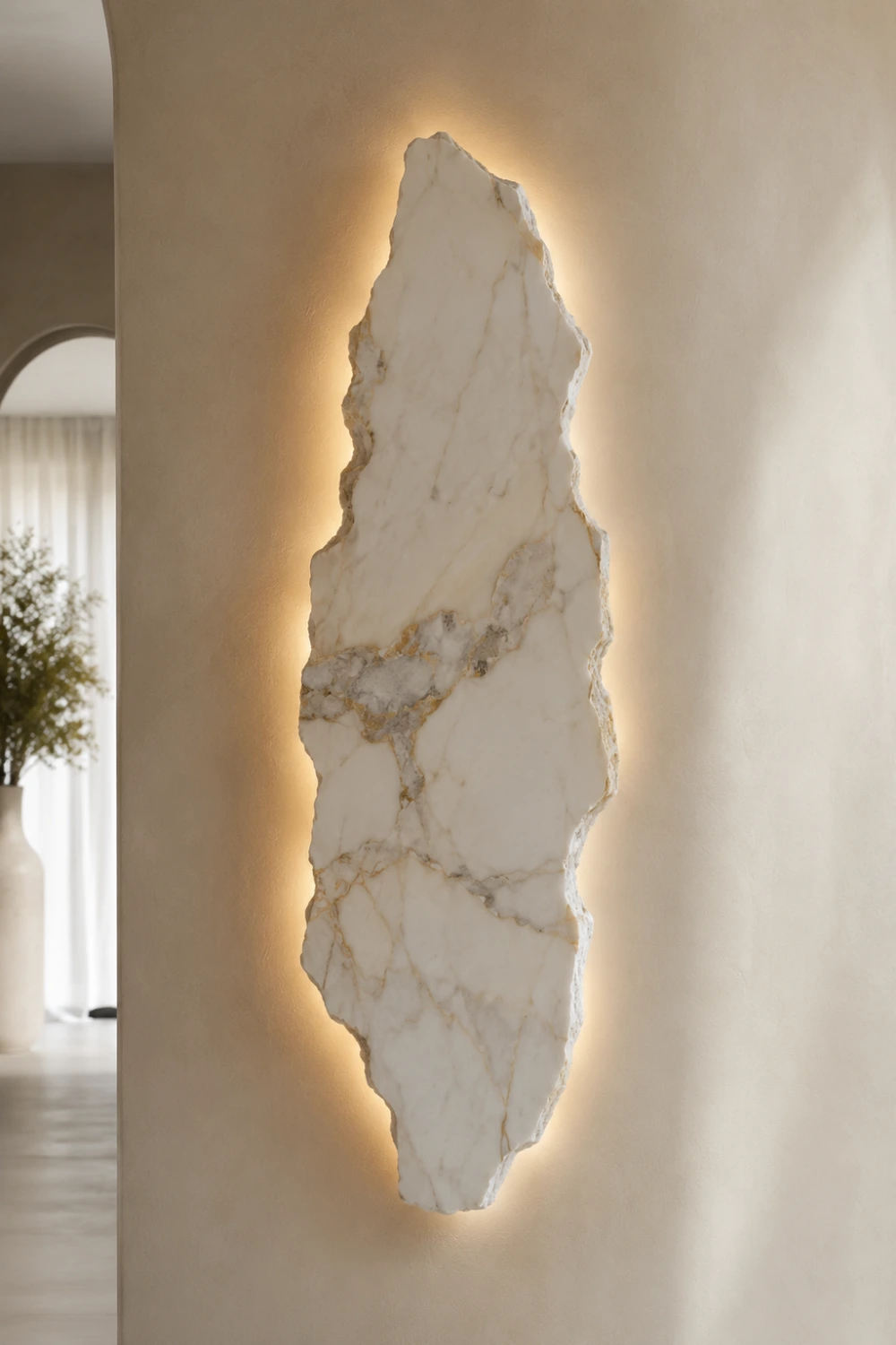 Backlit marble wall sconce crafted from natural white marble with elegant veining, mounted on a neutral wall and surrounded by a soft halo glow that highlights its luxurious texture and craftsmanship.