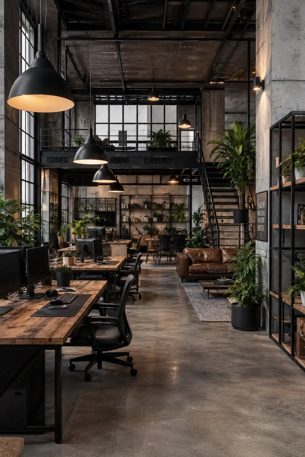 Industrial modern office with exposed concrete walls, black steel framing, oversized windows, rustic wood desks, pendant lighting, indoor greenery, and open-plan workspace architecture.