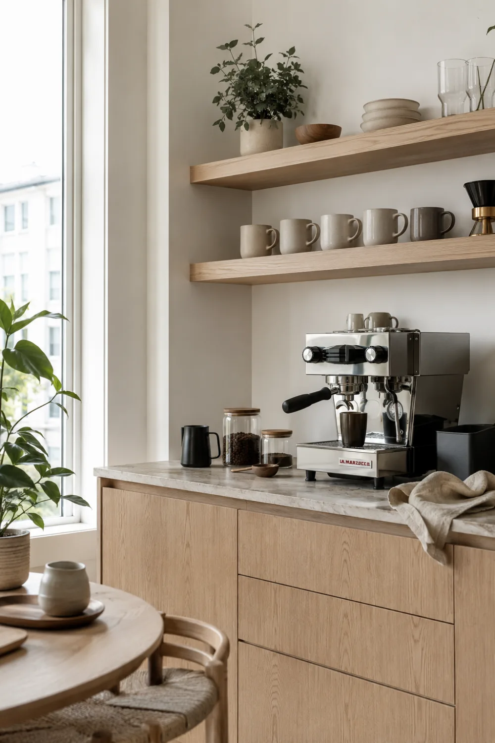 Scandinavian coffee station featuring light oak cabinetry, floating shelves, minimalist decor, espresso machine, ceramic mugs, natural textures, indoor plants, and bright natural lighting in a modern minimalist kitchen.