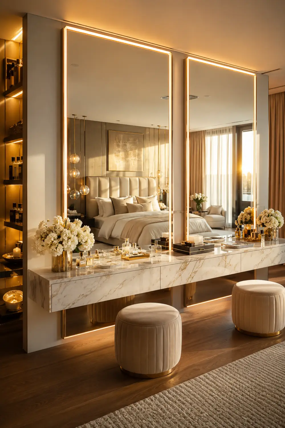 Double vanity mirror setup with illuminated mirrors, marble countertop, luxury bedroom decor, elegant seating, decorative accessories, warm lighting, and sophisticated modern interior design