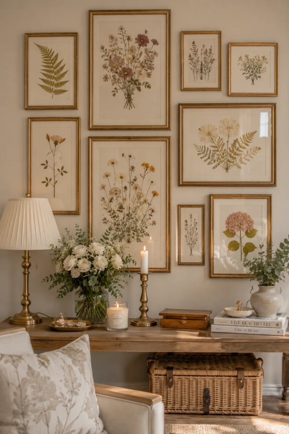 Pressed flower frame gallery wall featuring botanical artwork, preserved flowers, gold frames, candles, decorative accessories, and elegant home decor arranged in a sophisticated display.
