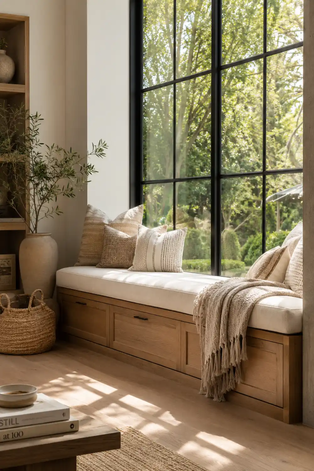 Built in window seat with hidden storage drawers, warm wood cabinetry, textured throw blanket, neutral accent pillows, and large black framed windows overlooking lush greenery. Functional and stylish home decor designed for comfort and organization.