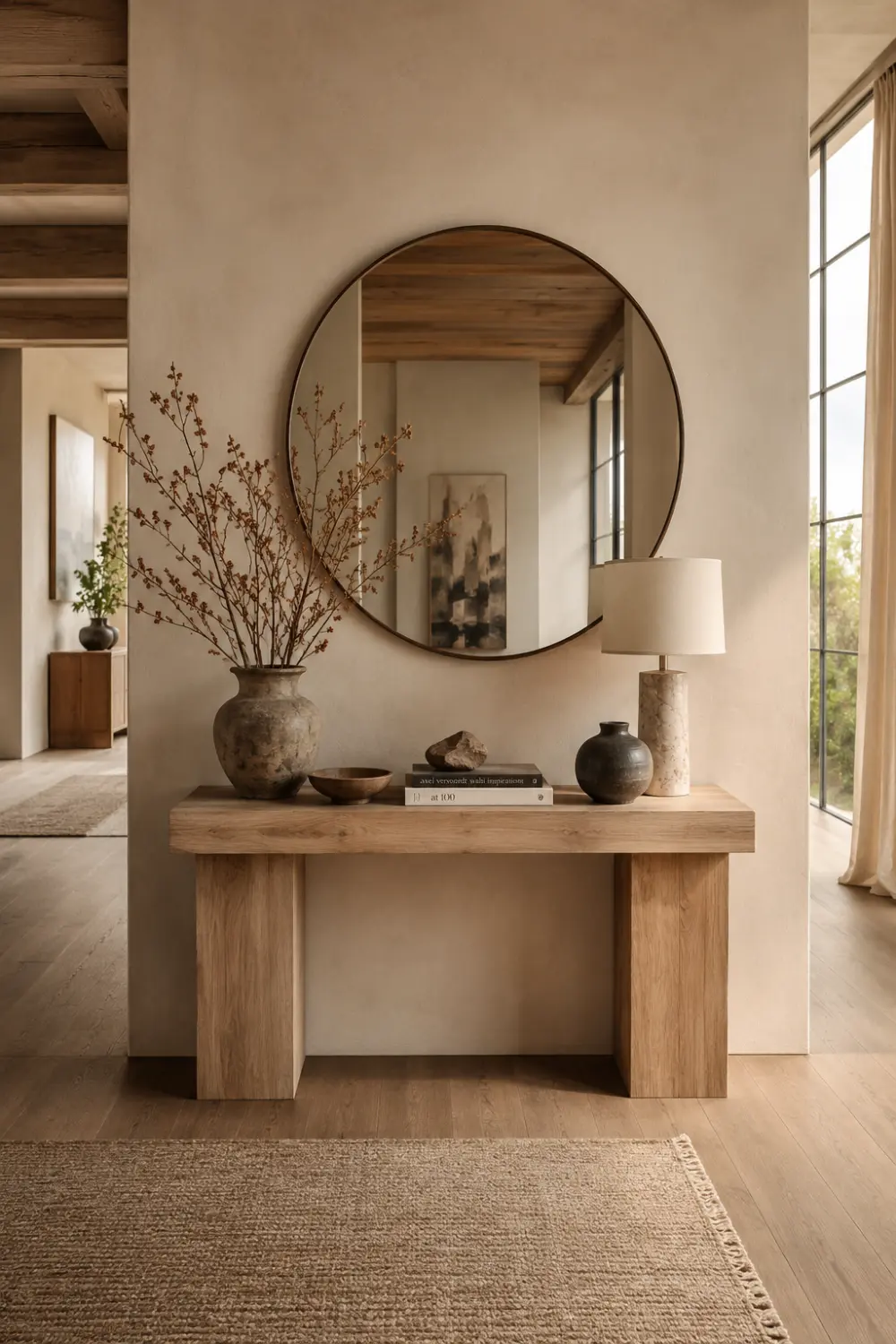 Japandi console table styled with natural wood, round mirror, pottery, neutral lamp, decorative branches, textured decor accents, and minimalist entryway styling in a serene modern home.