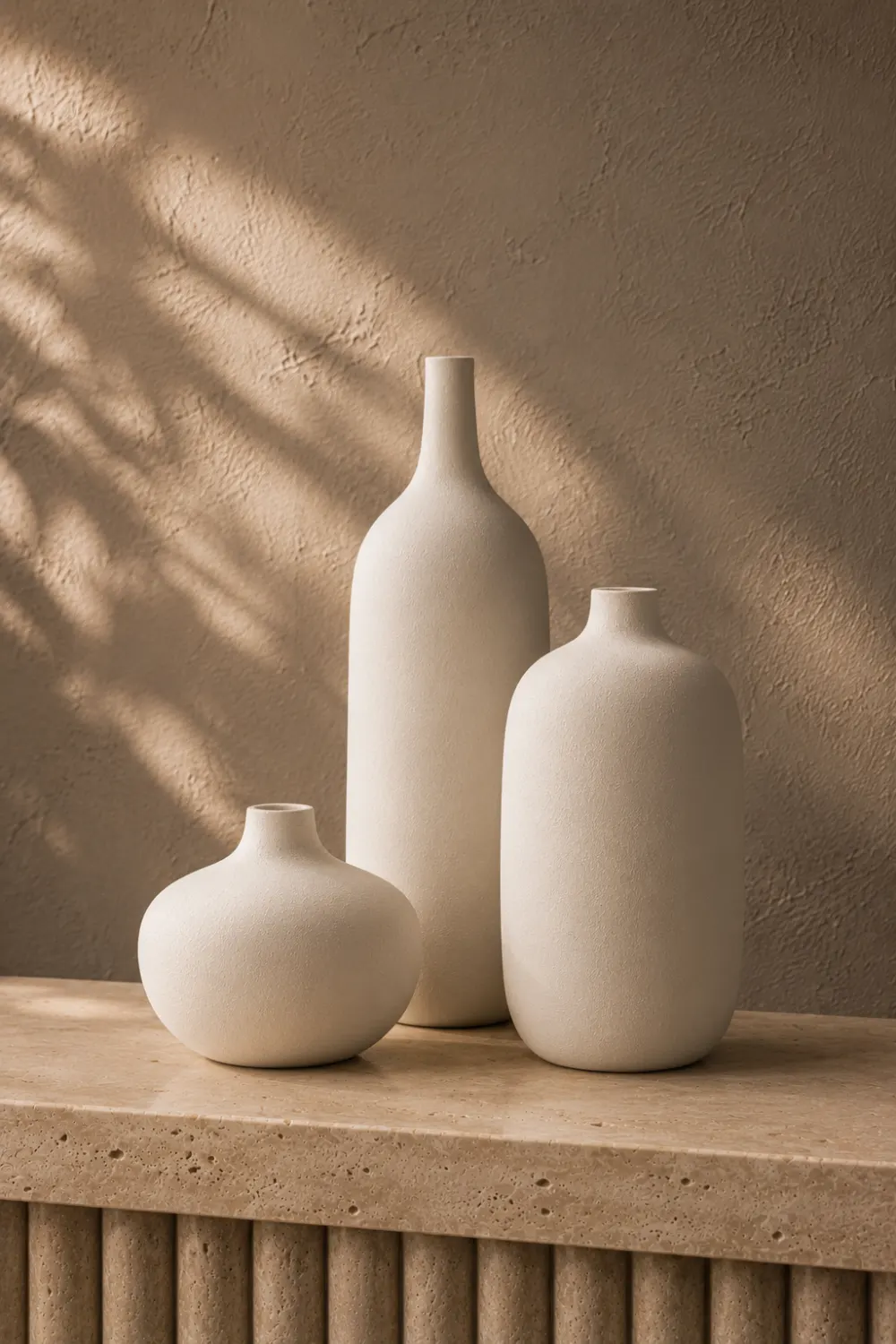 Set of three modern ceramic decorative vases in different shapes displayed on a travertine console table in a luxury home interior
