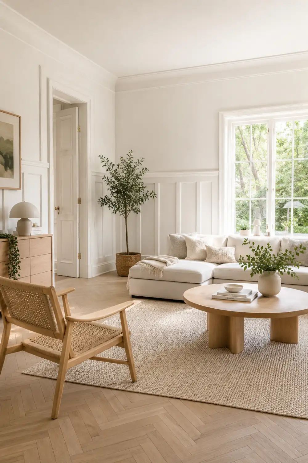 Scandinavian-inspired minimal wainscoting in a bright living room featuring subtle white wall paneling, natural wood furniture, woven textures, large windows, neutral décor, and airy Nordic interior design.