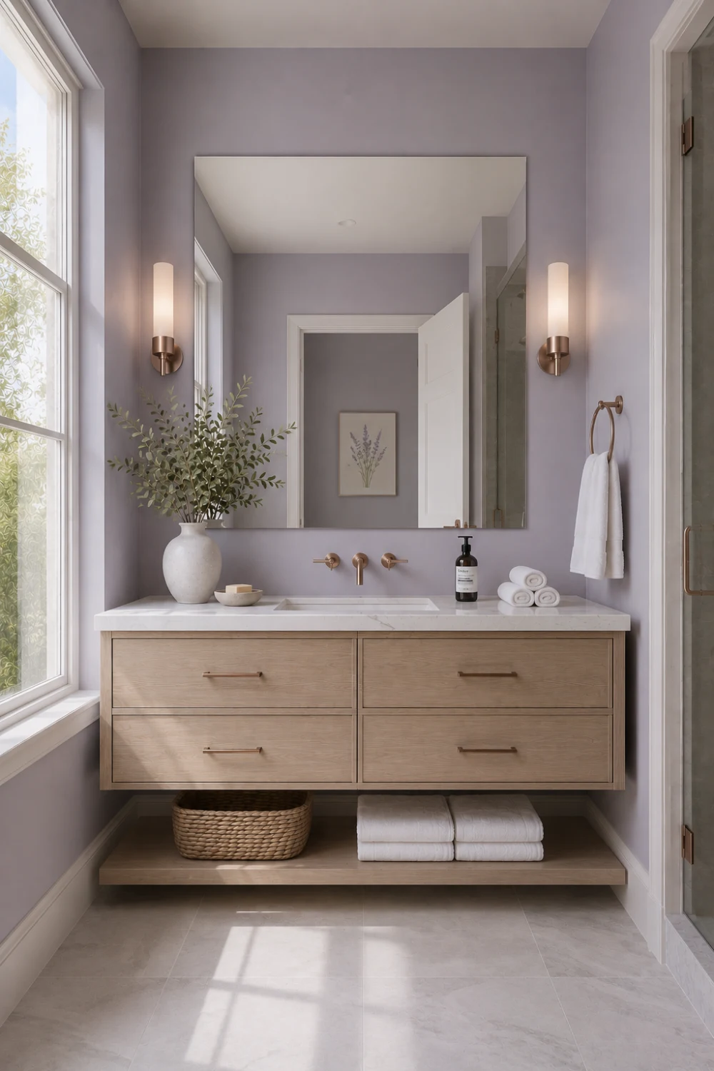 Pale lavender gray bathroom paint color with light wood vanity, marble countertop, soft purple gray walls, and elegant bathroom inspiration