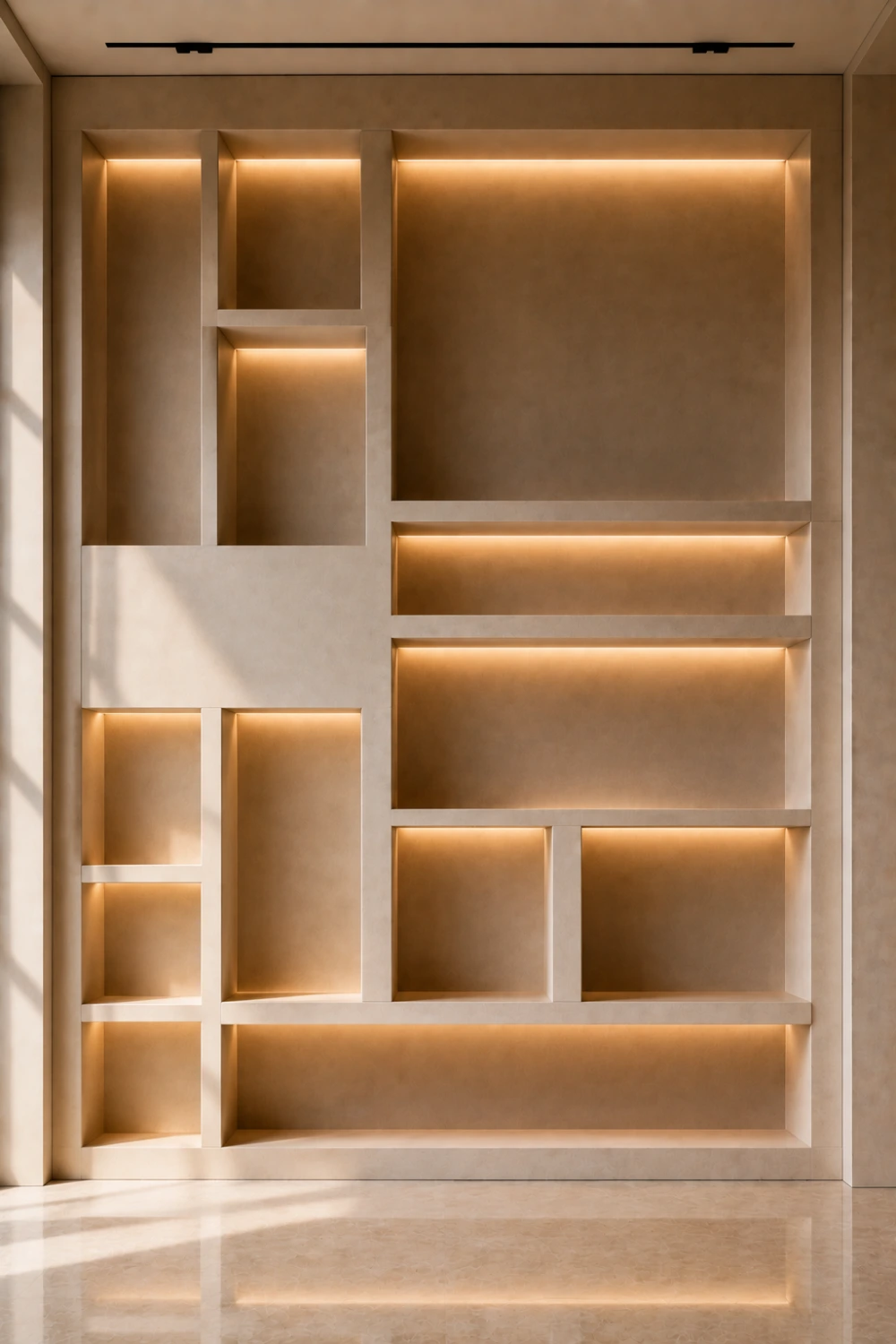 Built in display niche accent wall with illuminated recessed shelving, luxury architectural wall design, modern home feature wall, integrated LED lighting, contemporary interior inspiration.