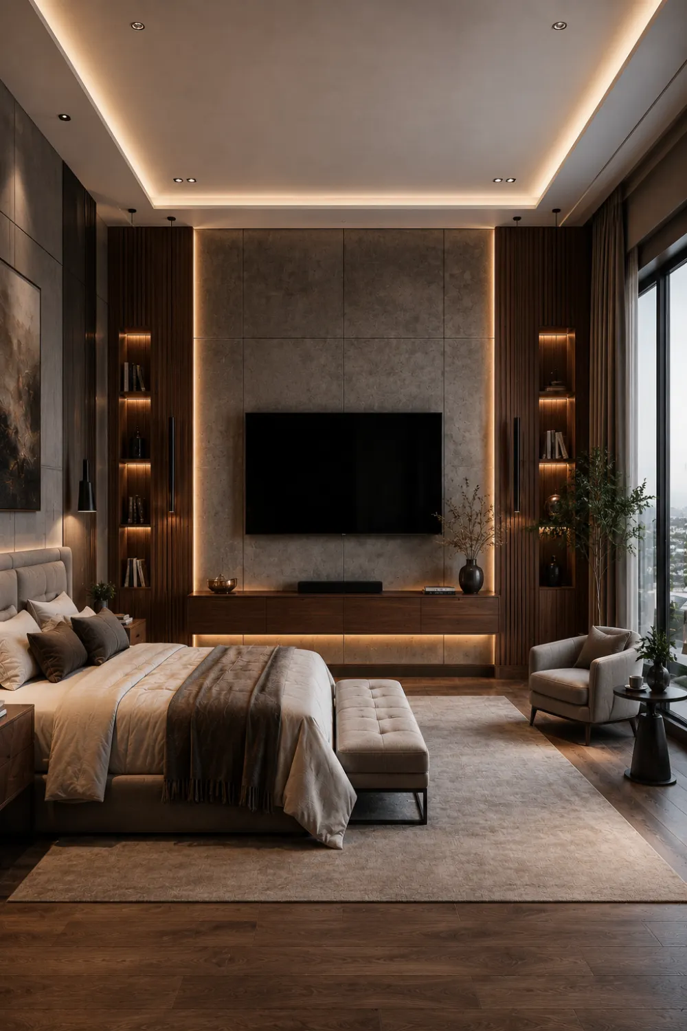 Modern concrete and wood bedroom TV wall featuring textured wall panels, floating media cabinet, warm LED lighting, luxury contemporary bedroom decor, designer TV wall styling, and modern interior inspiration.