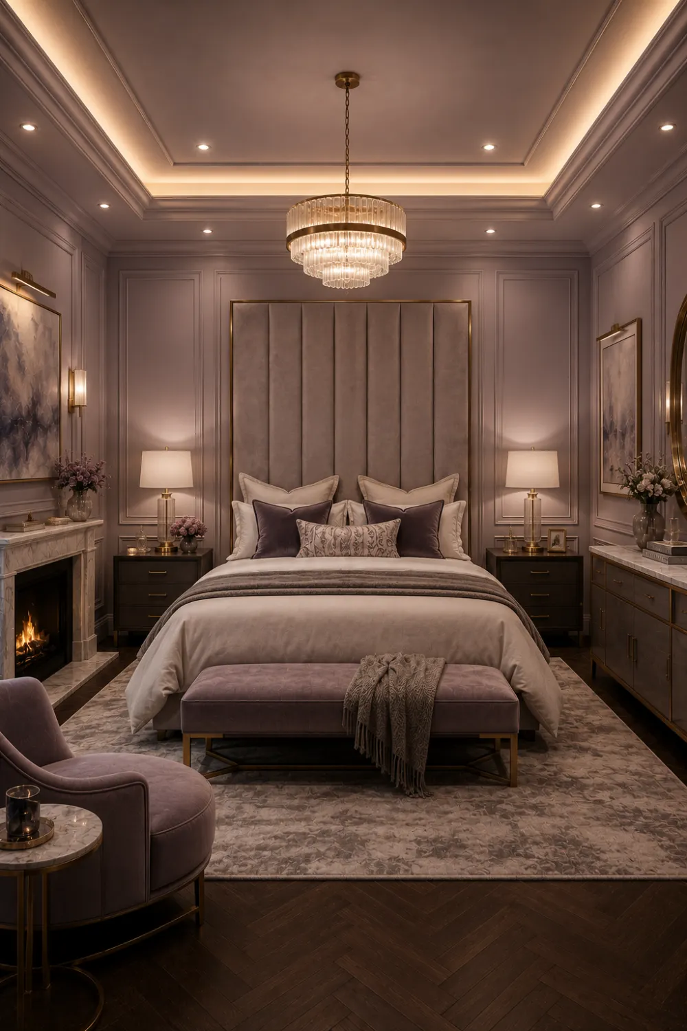 Misty Lavender Gray bedroom with soft lavender gray walls, upholstered bed, crystal chandelier, marble accents, warm lighting, luxury furniture, and elegant bedroom decor.